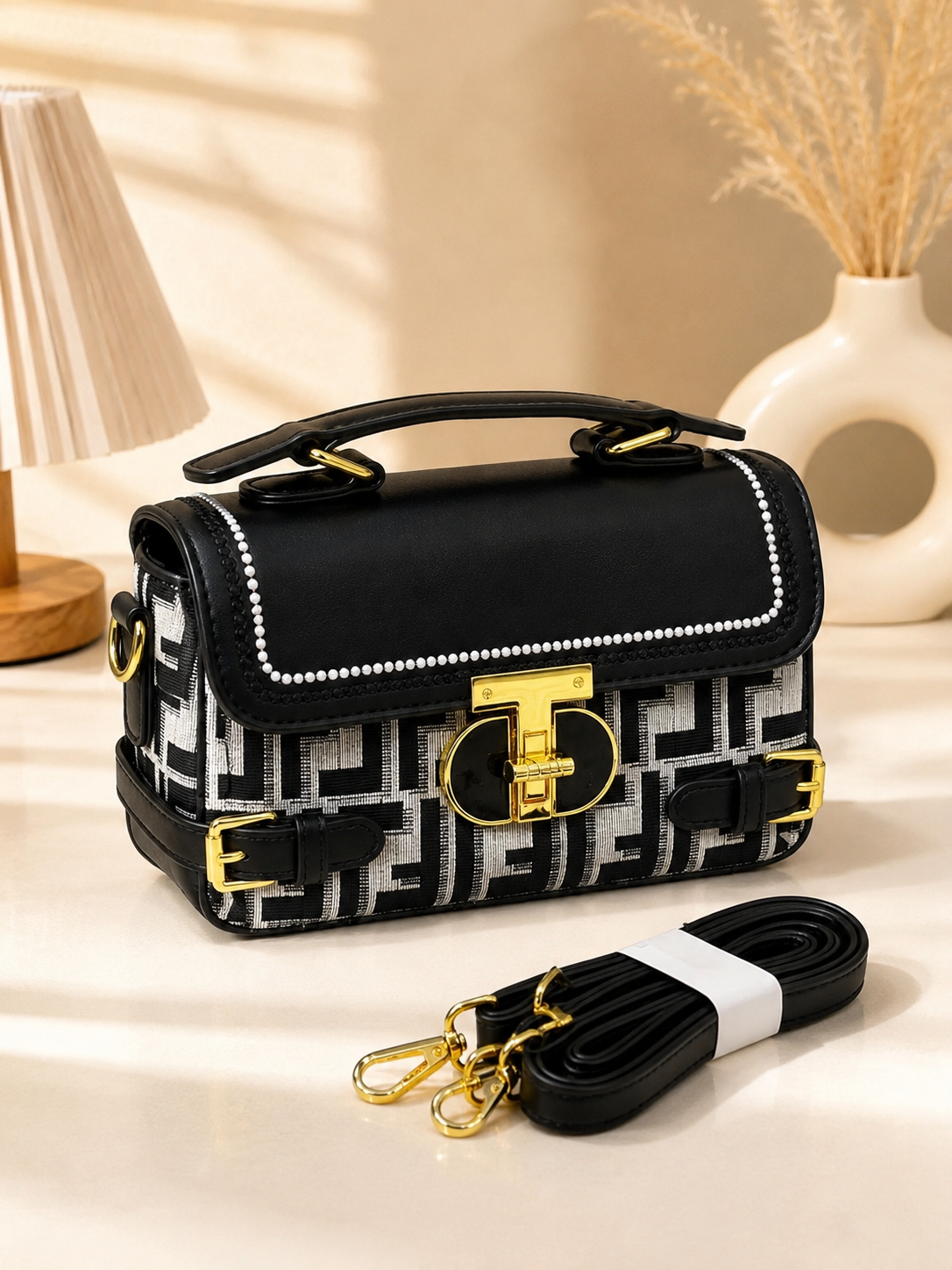 Pearl-Trim Structured Crossbody Bag