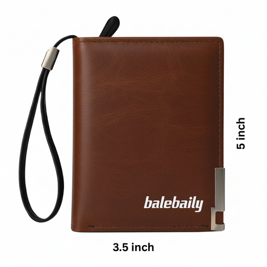 Black wallet with 'balebaily' branding and measurements on a white background