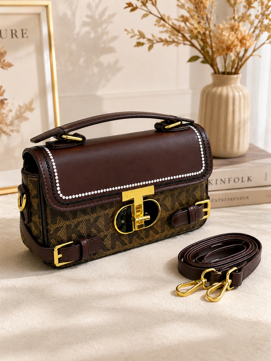 Pearl-Trim Structured Crossbody Bag