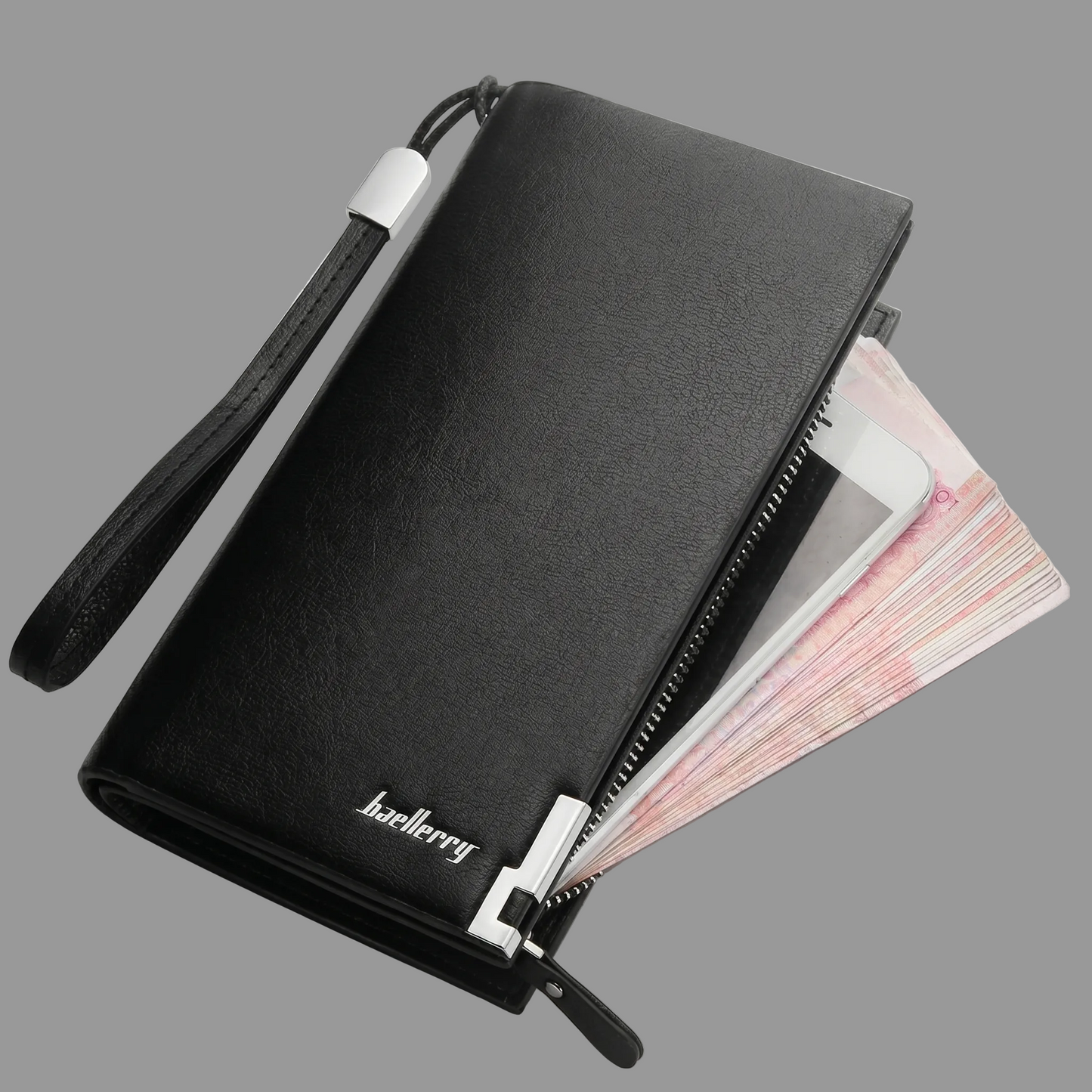 Black wallet with a strap and visible brand name on a light gray background