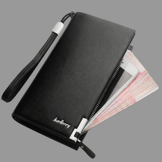 Black wallet with a strap and visible brand name on a light gray background