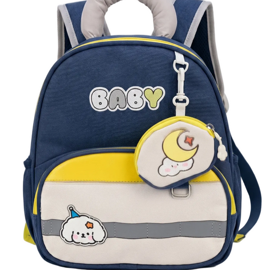 Children's backpack with cartoon designs on a white background